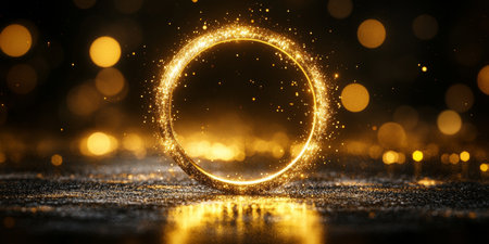 Golden Circle Shining on Glittering Surface, Sparkling Golden Particles on Black Backgroundの素材