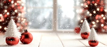 Red Christmas ornaments and miniature snowy Christmas trees on a snow-covered windowsill.の素材