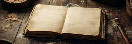 Open Vintage Recipe Book With Blank Pages on a Rustic Background, Flour and Baking Ingredientsの素材
