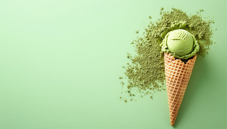 Green Tea Ice Cream Scoop in Waffle Cone on Green Background with Matcha Powder, Top Viewの素材