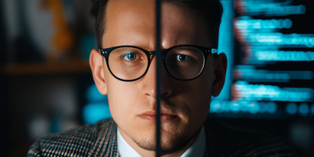 Focused Programmer Working Late, Immersed in Code A Portrait of Dedication in the Tech Industryの素材