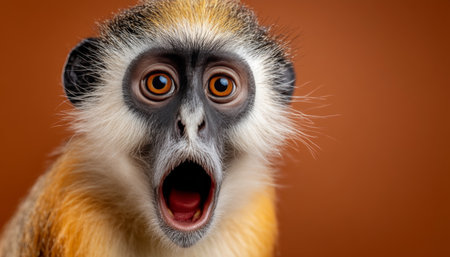 Wow Portrait of Surprised Shocked Golden Monkey with Open Mouth on Brown Backgroundの素材
