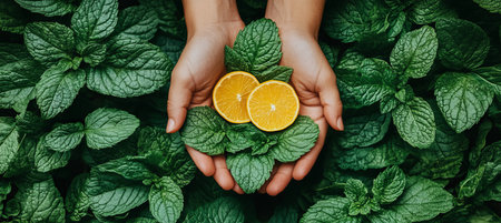 Hands Holding Fresh Mint Sprig and Cut Citrus, Symbolizing Aromatherapy and Nature s Bountyの素材
