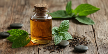 Glass Bottle Filled With Essential Oil With Mint Leaves, Dried Herbs And Stones On A Rustic Woodenの素材