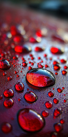 Macro Abstract Water Droplets Beading on a Shiny Red Surface, Showcasing the Hydrophobic Effectの素材