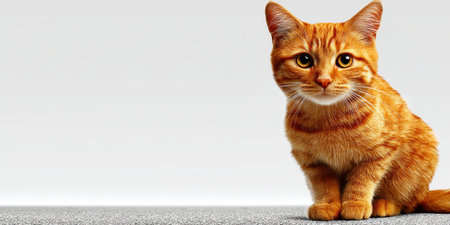 Curious Ginger Cat, Studio Portrait on White Background showcasing Intense Gaze and Fur Detailsの素材
