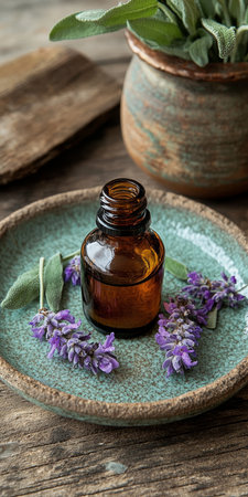 Clary Sage Essential Oil In A Glass Bottle With Fresh And Dried Clary Sage On A Rustic Wooden Tableの素材