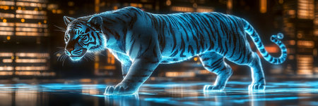 Neon Tiger Prowling Through Futuristic Cityscape, Embodiment of Technology and Natureの素材