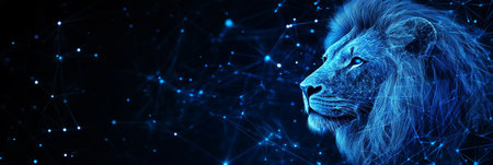 Abstract Blue Holographic Lion Amidst Digital Network, Depicting Modern Technological Conceptの素材
