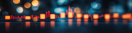 Bokeh City Lights Blurred With Financial Stock Ticker Chart Candlesticks On Grid Trend Lineの素材