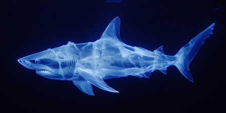Glowing Aquatic Predator A Ghostly Shark with Ethereal Form in the Dark Depths of the Oceanの素材