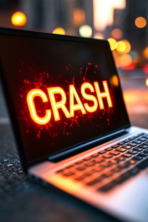 Laptop Screen Displaying Neon Red CRASH Text Technology, Cyber Security, Error Conceptの素材