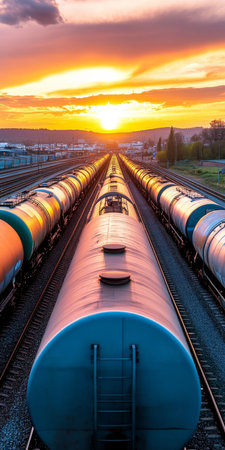 Sunset over converging Cargo Trains , Industrial Rails at Dawn Transportation in Harmony .の素材