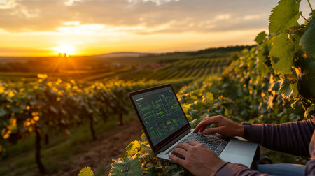 Sustainable Vineyard Management Farmer Analyzes Crop Data on Laptop Amongst Sunset Vineyard Rowsの素材