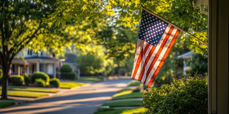 American Flag Waving Proudly on a Sunny Porch, Symbolizing Patriotism and the American Dream.の素材