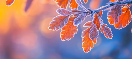 Vibrant Autumn Leaves Covered In Frost in Beautiful Bokeh Lighting., natural backgroundの素材