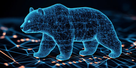 Glowing Blue Holographic Bear Navigates a Complex Network of Interconnected Data Pointsの素材