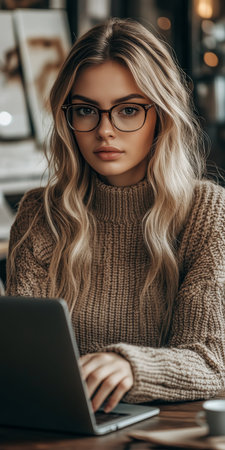 Focused young woman working on laptop in cozy atmosphere, showcasing modern technology.の素材