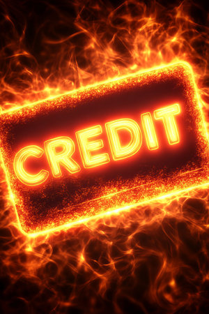 Abstract background with Orange neon glowing CREDIT card signage, fire, financial security conceptの素材