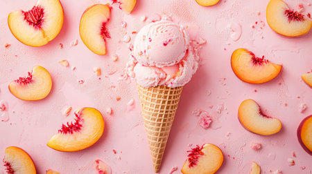 Peach Ice Cream Scoops in Waffle Cone on Peachy Pink Background with Fresh Peach Slicesの素材