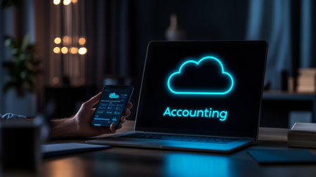 Businessman Using Cloud Accounting Software on Mobile Device and Laptop in Dark Office, Nightの素材