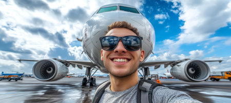 Young Man s Joyful Selfie Celebrating Travel Excitement with an Airplane Backdrop at the Airport.の素材