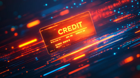 Orange Neon Credit Card Abstract Finance and Security Concept with Glowing Lines Backgroundの素材
