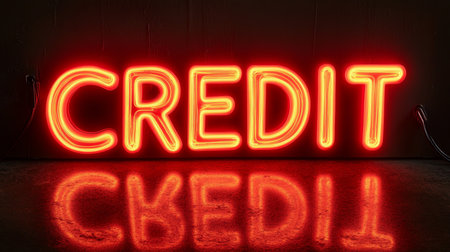 Glowing Neon Credit Sign in Vibrant Orange on Dark Textured Background with Dramatic Reflection.の素材