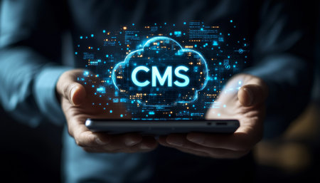 Businessman using a mobile phone to access cloud-based CMS software, glowing icon, dark background.の素材