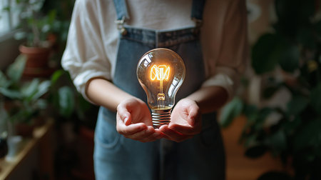 Woman Holding Lit Light Bulb Symbolizing Innovation,. Creativity And Sustainable Solutionsの素材