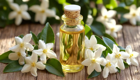 Jasmine Essential Oil in Glass Bottle Surrounded By Jasmine Flowers on Rustic Wooden Tableの素材