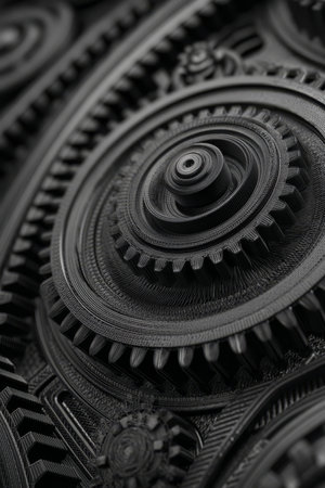 Intricate Clockwork Mechanism Macro Detail of Metallic Black Gears Against Sleek Dark Backgroundの素材