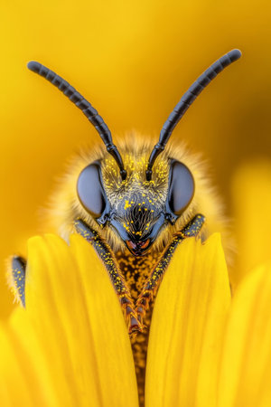 Honeybee Close-Up, Golden Hour Bloom, Floral Macro Photography with Soft Focus Backgroundの素材