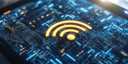 Glowing Wifi Symbol On Blue Digital Background, Wireless Technology And Network Concept.の素材