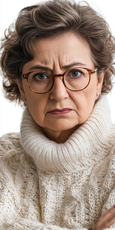 Portrait of a Senior Woman with a Disapproving Expression, Isolated on White Background.の素材