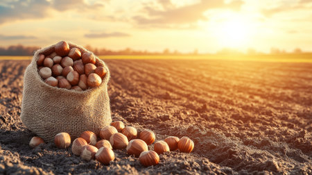 Hazelnuts Spill From Burlap Sack In Field At Sunset, Harvest, Agriculture, Autumn Concept.の素材