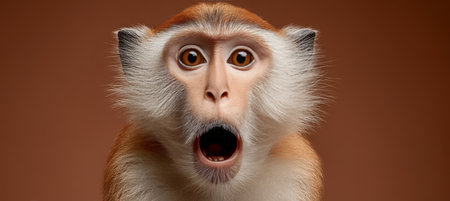 Funny Surprised Monkey with Big Eyes and an Open Brown Mouth on Brown Seamless Backgroundの素材