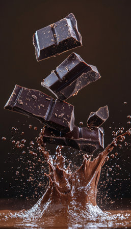Dark Chocolate Explosion Bar Shards in Dynamic Mid-Air Splash with Cocoa Powder, Studio Shotの素材