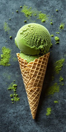 Green Tea Ice Cream Scoop in Waffle Cone on Dark Background, Decorated with Matcha Powderの素材