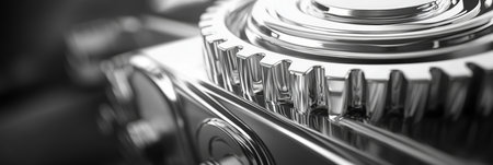Close-Up of Interlocking Metallic Gears Precision Engineering and Industrial Design in Monochromeの素材