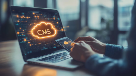 Businessman Managing Content On Cloud CMS Platform, Accessing Data On Laptop And Phoneの素材