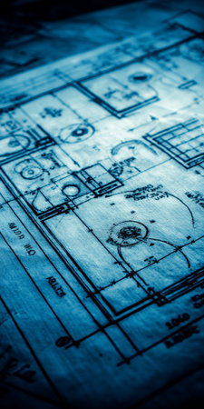 Technical Floor Plan, Architectural Drawing in Blue And White, Construction and Engineering Conceptの素材