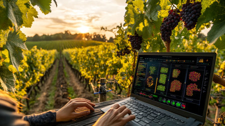 Sustainable Viticulture Farmer Analyzes Vineyard Data on Laptop for Precision Agriculture at Sunsetの素材