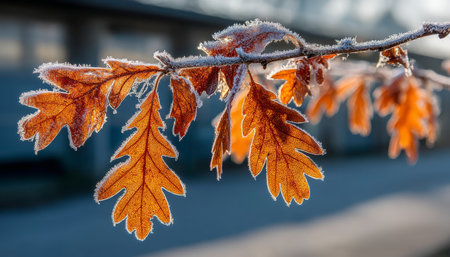 Frost-Covered Oak Leaves in Vibrant Fall Colors, Backlit by Morning Sun. Close-Up View.の素材