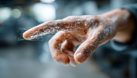 Close-up, Abstract image of Hand Covered in Sparkling Dust Suggesting Tech Magic and Innovationの素材