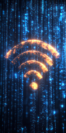 Glowing Digital Wifi Symbol On Streaming Data Background Technology, Internet, And Connectivity.の素材