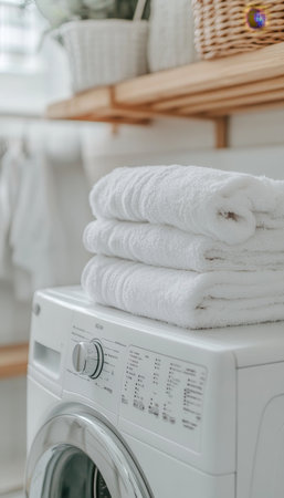 Modern Washing Machine with a Stack of White Towels, a Bright Laundry Room with Wooden Shelvesの素材