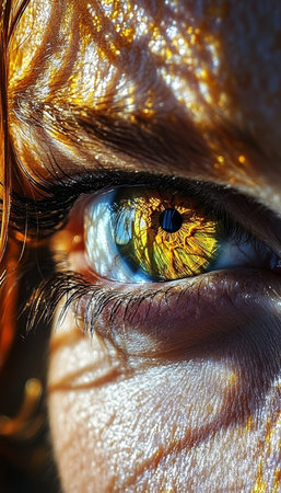 Golden Hour Intensity Portrait of a Woman s Piercing Gaze with Dramatic Light and Shadow, Close-Upの素材