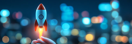 Businesswoman Holding a Miniature Rocket, Symbolizing Innovation and Entrepreneurship Startupの素材