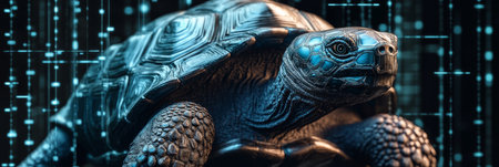 Futuristic Blue Holographic Tortoise in Digital Space, Modern Technology and Innovation Symbolの素材